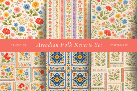 Arcadian Folk Reverie Set: Folk Art Backgrounds for Modern Projects