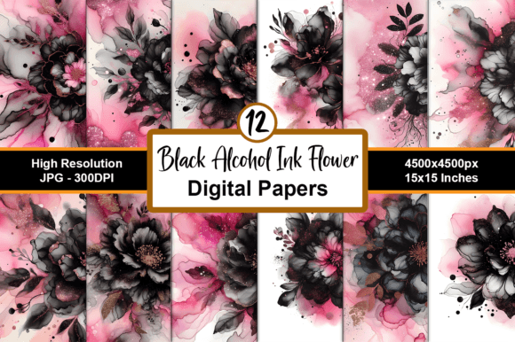Black Alcohol Ink Flower & Pink Glitter: A Digital Paper Collection