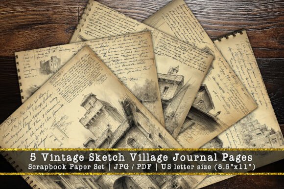 Timeless Design: Vintage Sketch Village Scrapbook Paper