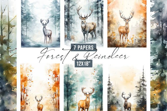 Watercolor Forest Reindeer Backgrounds for Creative Projects